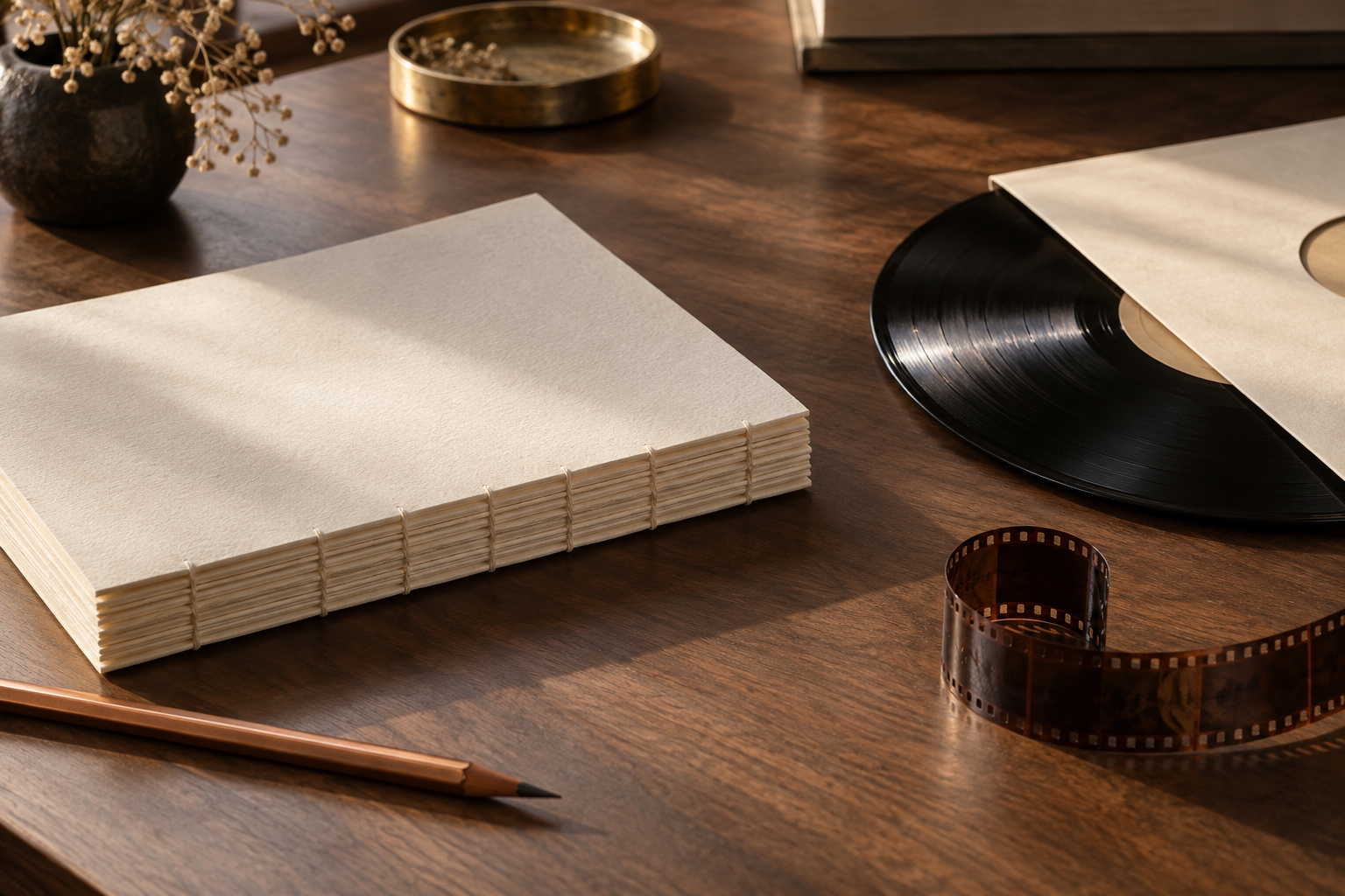 Ivory book signatures, a vinyl record, and photographic film on a warm wooden studio table.